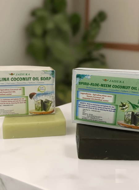 Eco-friendly herbal soap made with Spirulina, Aloe Vera, Neem, and Coconut Oil for soft, radiant skin.