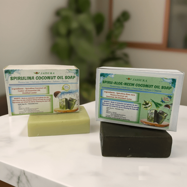 Eco-friendly herbal soap made with Spirulina, Aloe Vera, Neem, and Coconut Oil for soft, radiant skin.